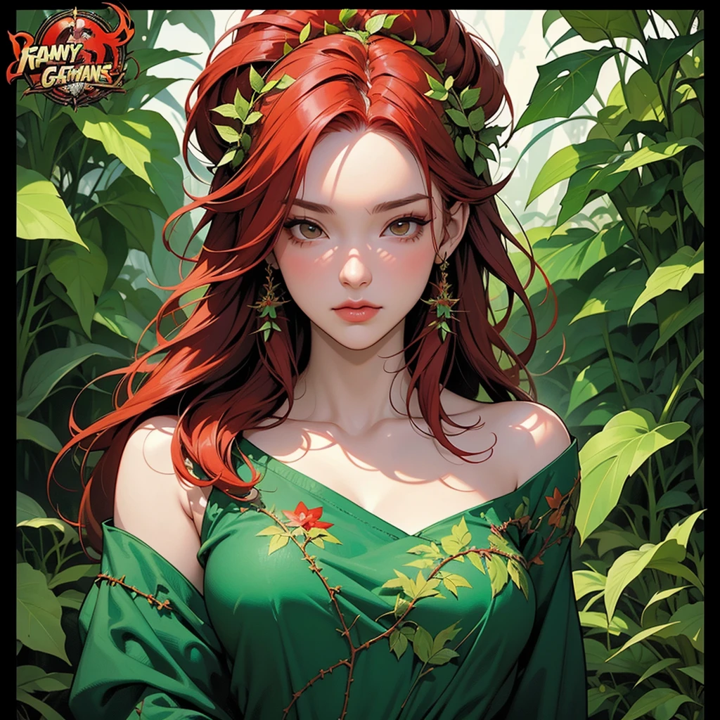 a woman with red hair and green leaves on her head, by Ross Tran, fantasy art, martin ansin, vines and thorns, hulkish, ross tran style, clad in vines, fantasy card game art, trending on artstration, covered in plants, dan mumford tom bagshaw, ilya kuvshinov and artgerm, video game characters designs