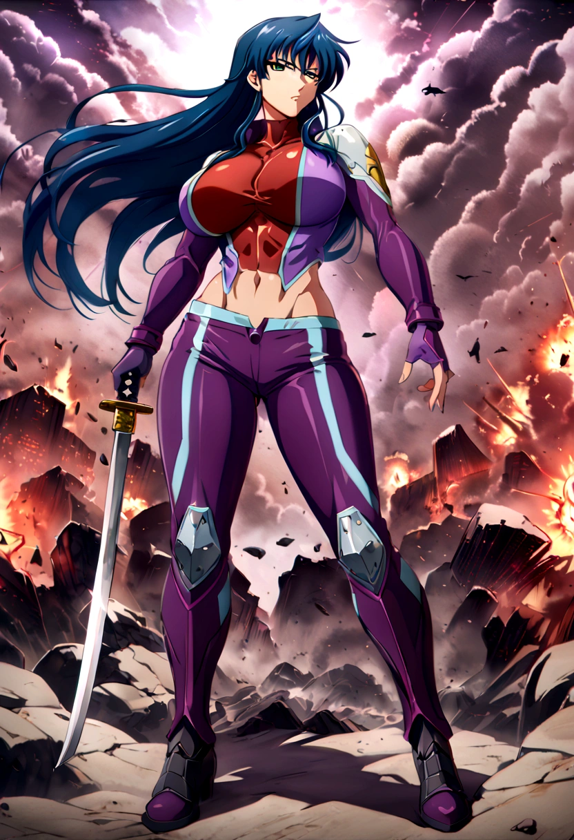 Large Breasts, anime girl with blue hair and green eyes long haired, misato katsuragi, portrait knights of zodiac girl, fubuki, kusanagi, inspired by Rei Kamoi, nico robin, ikki tousen, knights of zodiac girl, juri misaki, gainax anime style, close view 8K,HD,Wallpaper masterpiece 1.3, large ass, , thin waist, holding a katana, bloody clothes, angry, violet ninja outfit. Lookin at viewer, full body, abs showing, Chaos backround, explotion backround