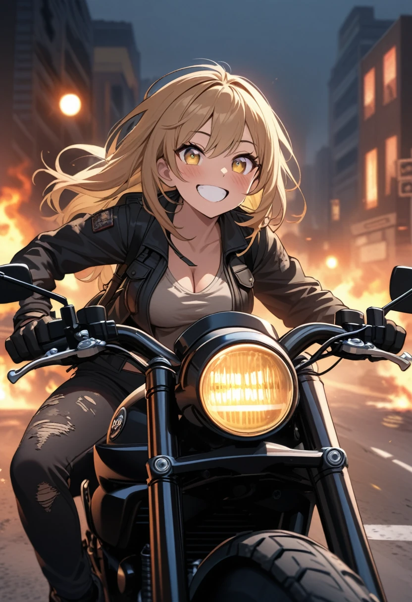 Golden hair, golden eyes with black pupils, woman, cruiser motorcycle, big chest, motorcycle goggles, happy, big smile, dirty, burning city at night, zombie apocalypse, tattered black streetwear, speeding, highly detailed, perfect eyes, well defined eyes, highly detailed eyes, expressive eyes, sheathed katana on back, detailed katana