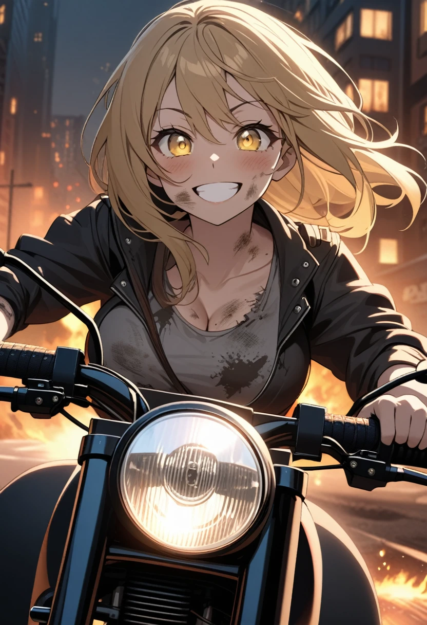 Golden hair, golden eyes with black pupils, woman, cruiser motorcycle, big ?????, motorcycle goggles, happy, big smile, dirty, burning city at night, zombie apocalypse, tattered black streetwear, speeding, highly detailed, perfect eyes, well defined eyes, highly detailed eyes, expressive eyes, sheathed katana on back, detailed katana