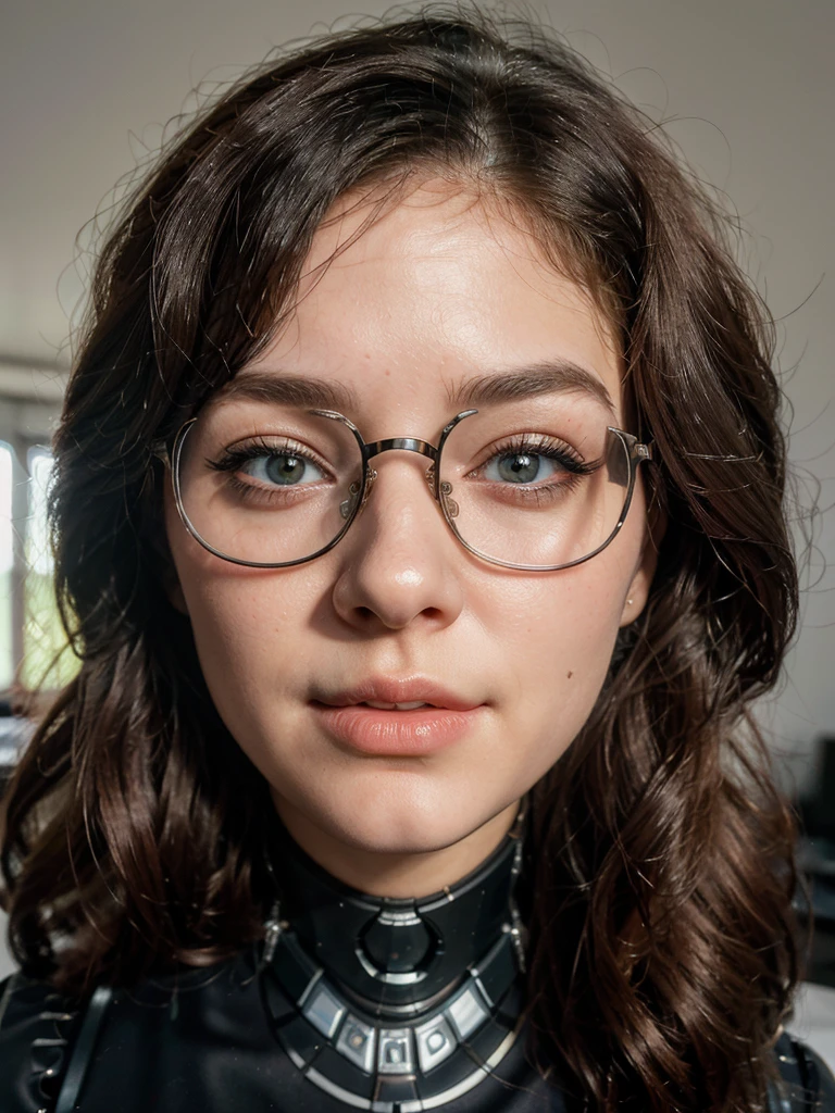 ((Disembodied head on desk stand)), beautiful girl, Ai girl, humanoid , robot girl, 20yo, makeup, eyes closed, beautiful curled hair, highly detailed face, glasses, (realistic), masterpiece, best quality, extremely detailed, soft light, soft shadows, soft backlighting, (best image,best quality:1.5)