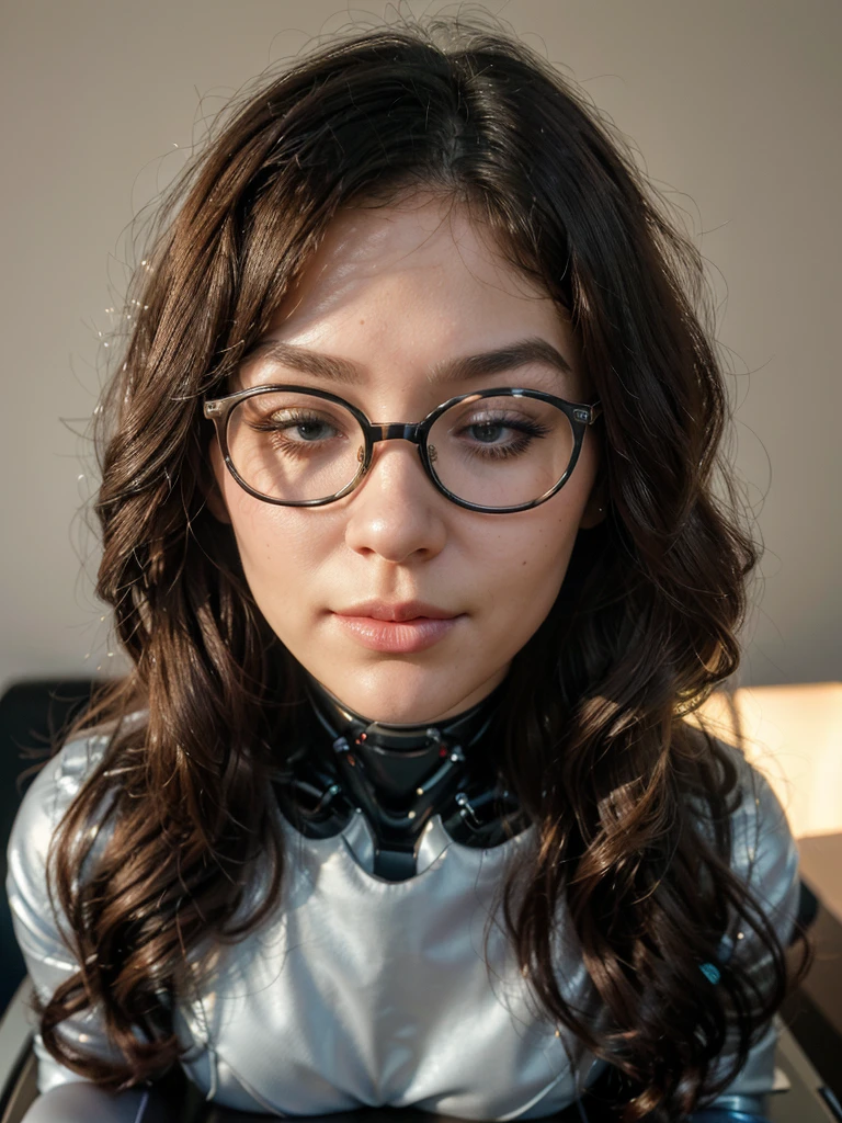 ((Disembodied head on desk stand)), beautiful girl, Ai girl, humanoid , robot girl, 20yo, makeup, eyes closed, beautiful curled hair, highly detailed face, glasses, (realistic), masterpiece, best quality, extremely detailed, soft light, soft shadows, soft backlighting, (best image,best quality:1.5)
