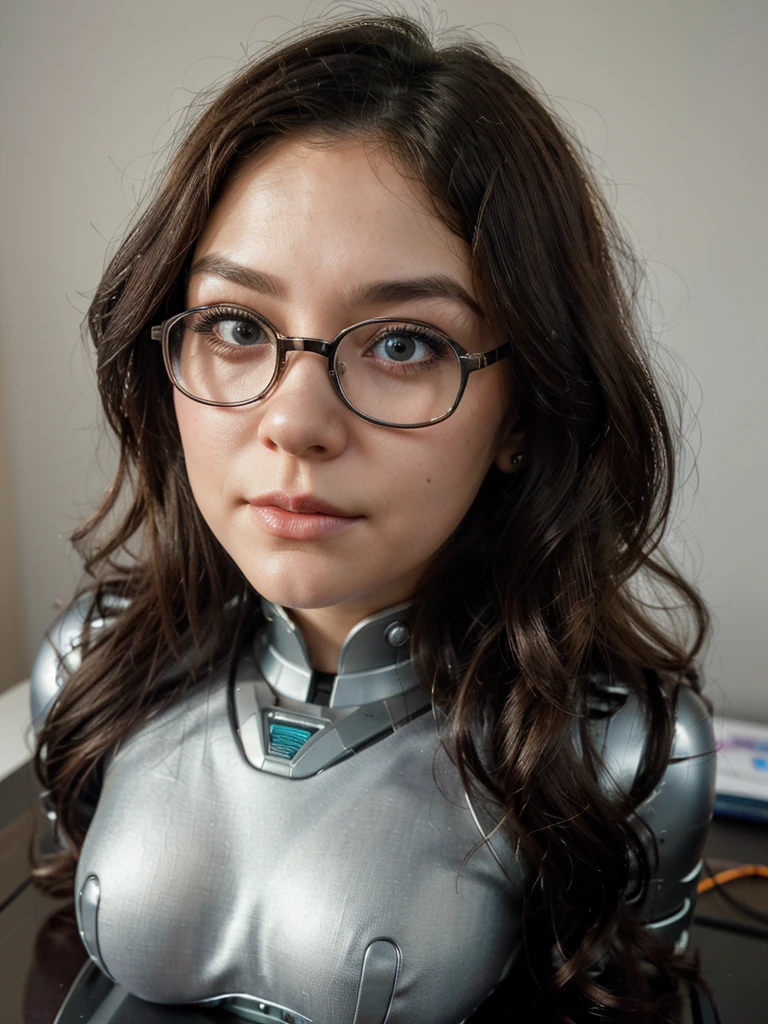 ((Disembodied head on desk stand)), beautiful girl, Ai girl, humanoid , robot girl, 20yo, makeup, eyes closed, beautiful curled hair, highly detailed face, glasses, (realistic), masterpiece, best quality, extremely detailed, soft light, soft shadows, soft backlighting, (best image,best quality:1.5)