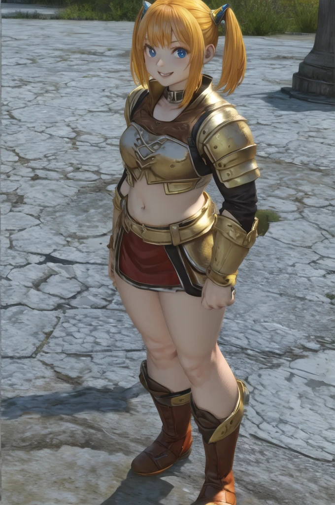 One girl, l2gnome, gnome, View your viewers, smile, blue eyes, armor, (Highest quality: 1.3), (masterpiece: 1.3), Mid-chest, close,Twin tails、Yellow Hair,Are fat