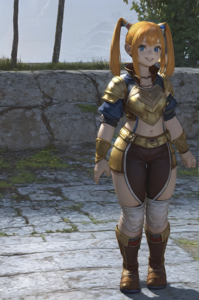 One girl, l2gnome, gnome, View your viewers, smile, blue eyes, armor, (Highest quality: 1.3), (masterpiece: 1.3), Mid-chest, close,Twin tails、Yellow Hair,Are fat
