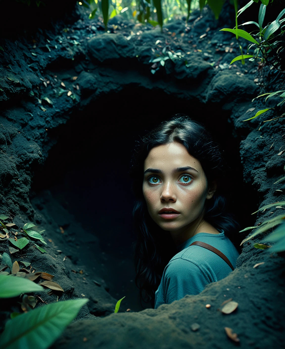 Girl enters the blackhole cave in the jungles, Anna, a mystical woman with dark hair, curious eyes, vintage film, contrast between warm outdoor and cold dusk, cozy atmosphere, mix of natural and cosmic, mix of natural and artificial light, end with a Thoreaulike scene.