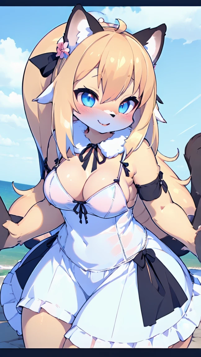 ((Furry ear:1.3)),((Little:2.5)),(White dress and frills:1.5),((very large  size:1.8)),(Fluffy tail:1.5),(Lift up your skirt:1.5),(Pop Art:1.8),(Chubby:1.5),((looking at the camera:1.5)),(Furry foot:1.5),(Sparkling deep blue big eyes:1.7),(Round eyebrows:1.5),(Fisheye Lens:1.5),(Laughing with your mouth open:1.5),((on a hill overlooking the lake:1.5)),(Wolf's tail),((Long Hair:1.7)),Furry,(Large black ribbon:1.5),( taken off:1.5),(Highest quality,4K,8K,High resolution,masterpiece:1.2), Very detailed, (Realistic,Realistic,Realistic:1.37), High resolution, 超High resolution, studio lightning, ultra-fine goodinting, Sharp focus, Physically based rendering, extrine detail description, Professional, Bright colors, Bokeh, (in) you bring, landscape, photograph, Concept Artist (style), (and) vibrant color goodlette, (good) soft lighting. jewelry，(露出した胸and:2.5)，(男性andをする:2.5)，（Spread your legs:2）