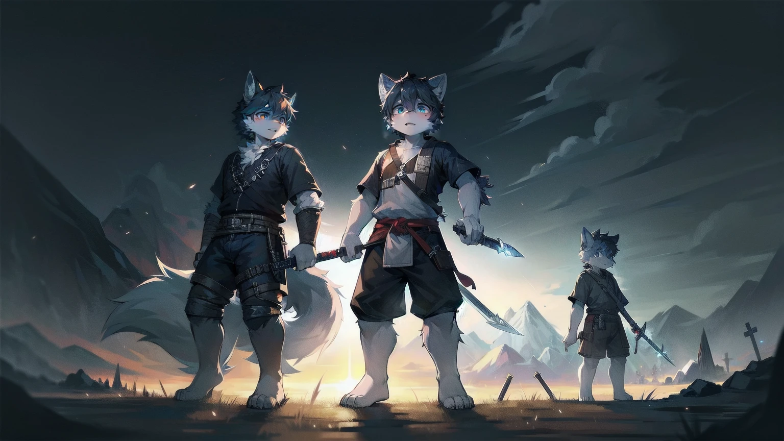 White Wolf，black hair，Sky blue eyes，hairy，Wolf ears，Wolf tail，Full body portrait，The character is in the center of the frame，Handsome，Confident eyes，male，juvenile，Black and white combat uniform，Red neck bib，Black shorts，Short sleeve，hairy arms and legs，Dark background，Dark battlefield，dawn，sunrise，dawn，illumination，shadow，Swordsman，Scabbard and sword，Hold the hilt of a sword in your hand，The scabbard is at the waist，Highest quality