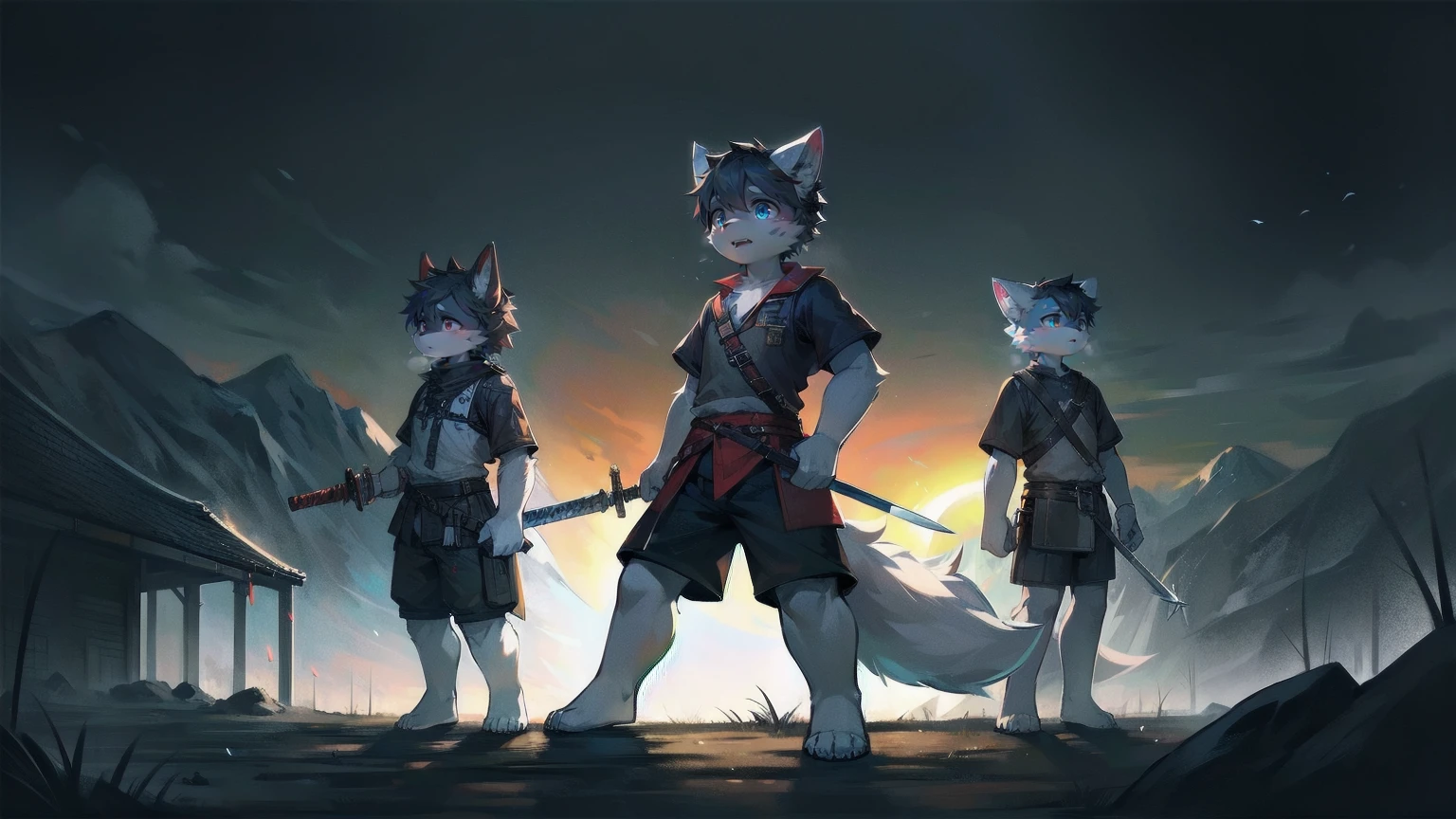 White Wolf，black hair，Sky blue eyes，hairy，Wolf ears，Wolf tail，Full body portrait，The character is in the center of the frame，Handsome，Confident eyes，male，juvenile，Black and white combat uniform，Red neck bib，Black shorts，Short sleeve，hairy arms and legs，Dark background，Dark battlefield，dawn，sunrise，dawn，illumination，shadow，Swordsman，Scabbard and sword，Hold the hilt of a sword in your hand，The scabbard is at the waist，Highest quality