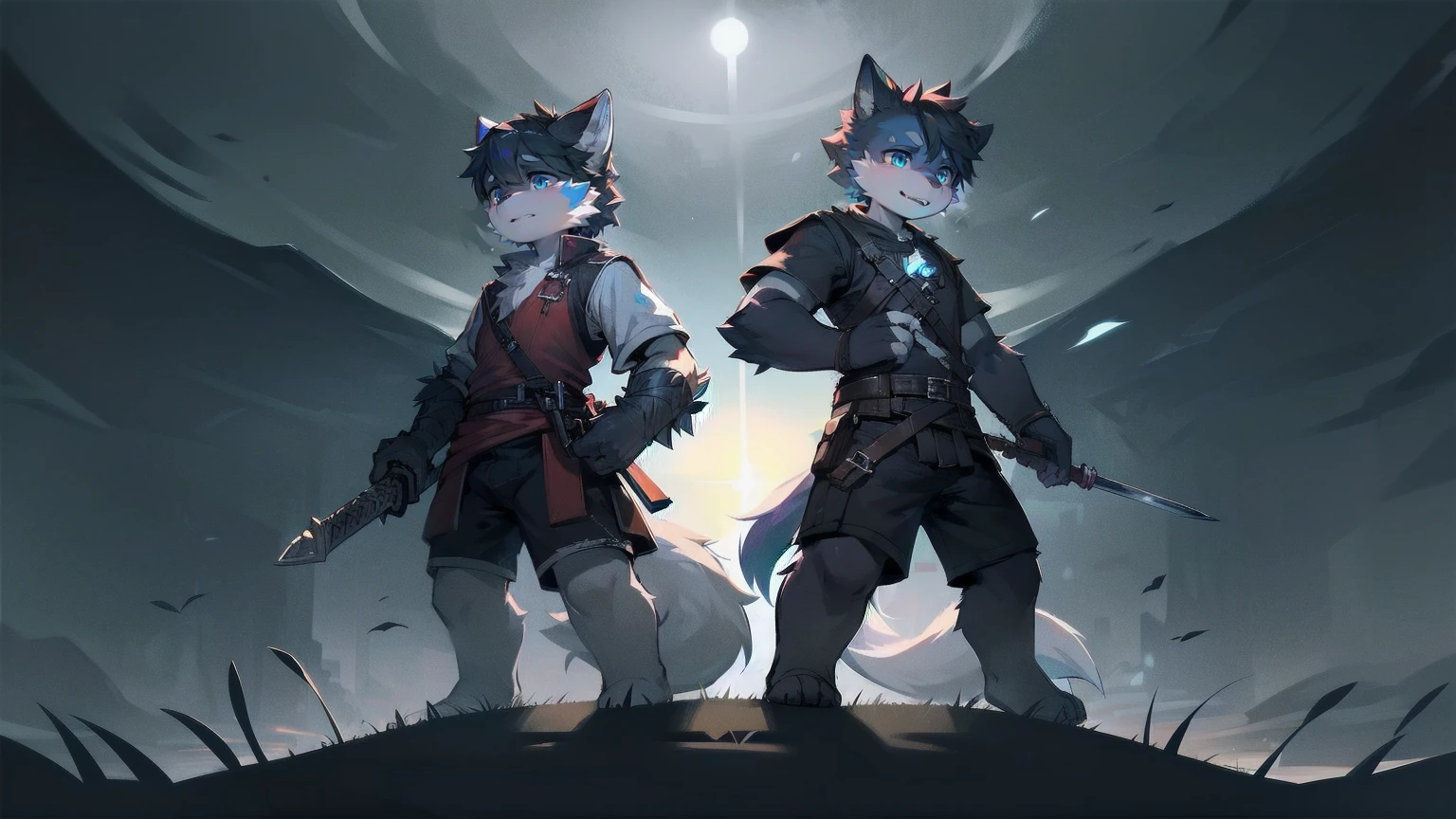 White Wolf，black hair，Sky blue eyes，hairy，Wolf ears，Wolf tail，Full body portrait，The character is in the center of the frame，Handsome，Confident eyes，male，juvenile，Black and white combat uniform，Red neck bib，Black shorts，Short sleeve，hairy arms and legs，Dark background，Dark battlefield，dawn，sunrise，dawn，illumination，shadow，Swordsman，Scabbard and sword，Hold the hilt of a sword in your hand，The scabbard is at the waist，Highest quality