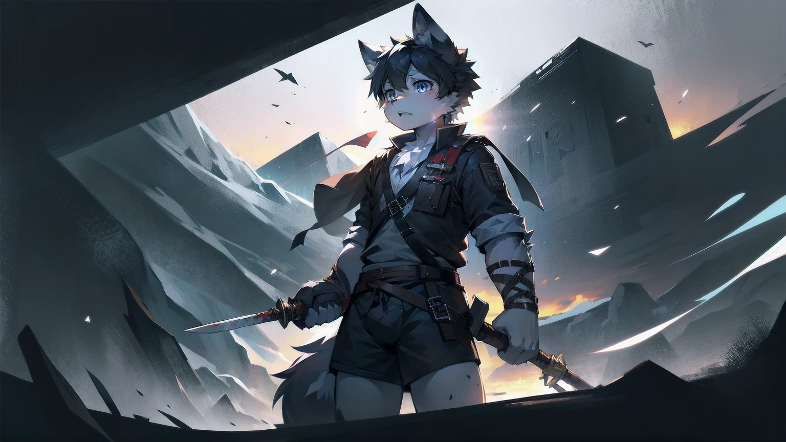 White Wolf，black hair，Sky blue eyes，hairy，Wolf ears，Wolf tail，Full body portrait，The character is in the center of the frame，Handsome，Confident eyes，male，juvenile，Black and white combat uniform，Red neck bib，Black shorts，Short sleeve，hairy arms and legs，Dark background，Dark battlefield，dawn，sunrise，dawn，illumination，shadow，Swordsman，Scabbard and sword，Hold the hilt of a sword in your hand，The scabbard is at the waist，Highest quality