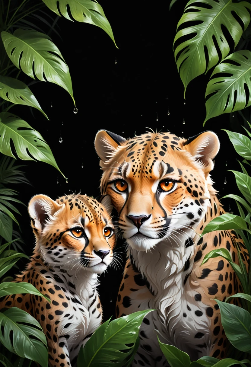 Lush plants,1 cheetah and cub in the jungle, Deep orange eyes, black and white, black background, (best quality,4K,8K,high resolution,masterpiece:1.2),Extremely detailed,(Practical,photoPractical,photo-Practical:1.37),Highly detailed animal portraits, Dramatic Lighting, Powerful predator, Intense expression, Fascinating eyes, Smooth spotted fur, muscular, Low angle shot, Close-up view, Minimalist composition, High contrast water drops on leaves