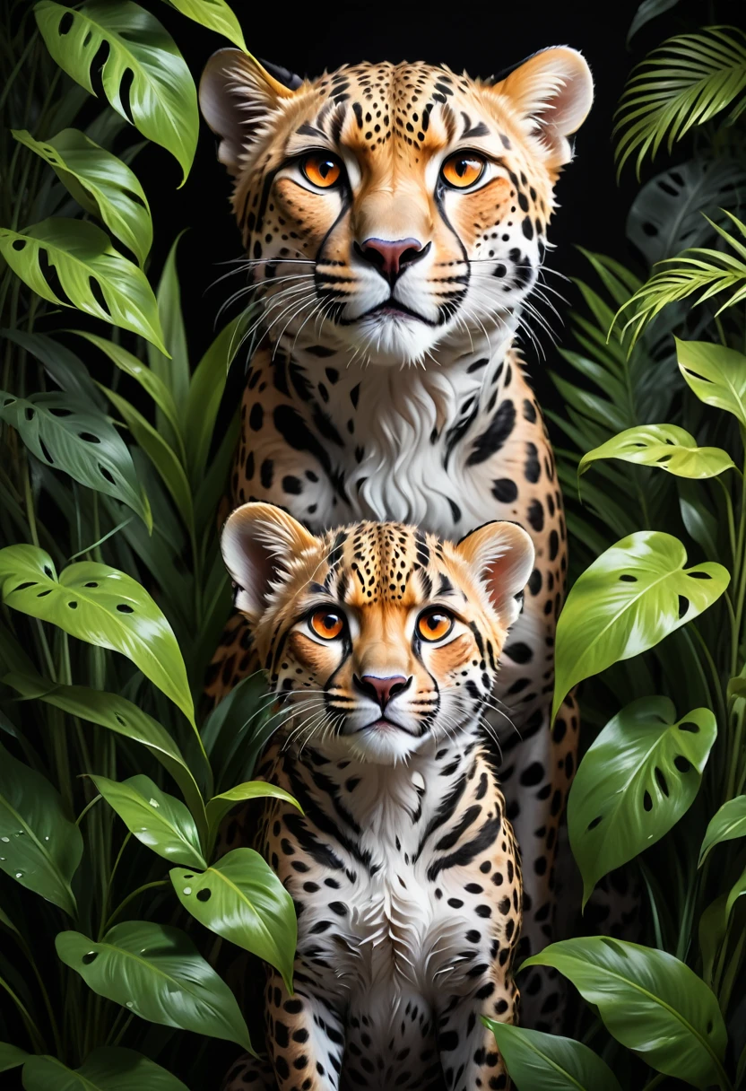 Lush plants,1 cheetah and cub in the jungle, Deep orange eyes, black and white, black background, (best quality,4K,8K,high resolution,masterpiece:1.2),Extremely detailed,(Practical,photoPractical,photo-Practical:1.37),Highly detailed animal portraits, Dramatic Lighting, Powerful predator, Intense expression, Fascinating eyes, Smooth spotted fur, muscular, Low angle shot, Close-up view, Minimalist composition, High contrast water drops on leaves