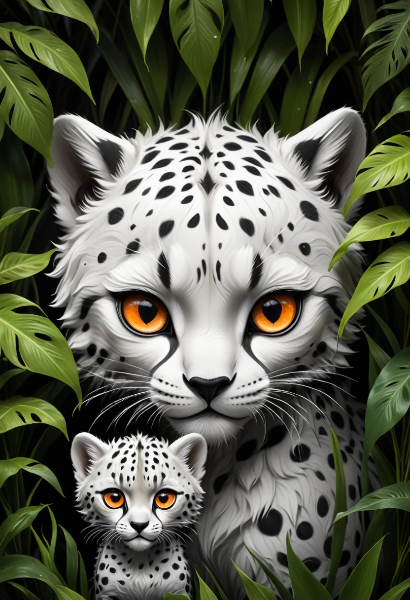 Lush plants，1 cheetah and cub in the jungle, Deep orange eyes, black and white, black background, (best quality,4K,8K,high resolution,masterpiece:1.2),Extremely detailed,(Practical,photoPractical,photo-Practical:1.37),Highly detailed animal portraits, Dramatic Lighting, Powerful predator, Intense expression, Fascinating eyes, Smooth spotted fur, muscular, Low angle shot, Close-up view, Minimalist composition, High contrast water drops on leaves