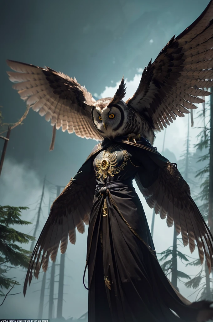 Generate a realistic image of Fukurou Daijin (Owl Minister).

- Image size: 9:16 (portrait orientation)
- Appearance: A fearsome figure with the head of an owl and a human-like body. The owl's head has large, hollow eyes and a sharp beak that clicks menacingly. The body stands tall with outstretched arms.
- Setting: Ancient shrine or dark forest.
- Atmosphere: Intimidating and powerful, with the creature's wings creating strong gusts of wind when it takes flight.
- Abilities: Generating powerful wind gusts with its wings, creating a sense of awe and fear.
