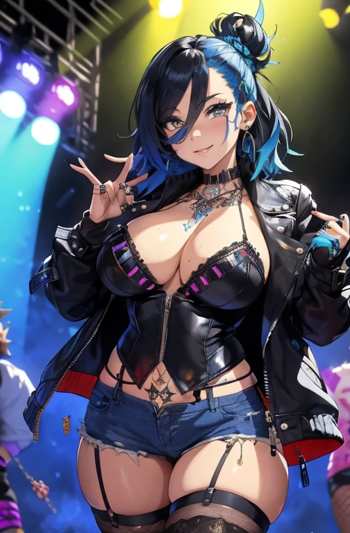 (work of art:1.2, best qualityer), (1 lady, standing alone, trunk:1.2), body hair: shaved on one side, a long time on the other side, dyed bright blue, make up: audacious, graphic eyeliner with rhinestones on the outer corners of the eyes, badass clothing: one made by hand, one of a kind, patchwork jacket with fringe, paired with black leather shorts and fishnet stockings, Accessories: a silver nose ring and multiple ear piercings with unique jewelry, Attend a music festival or alternative fashion event