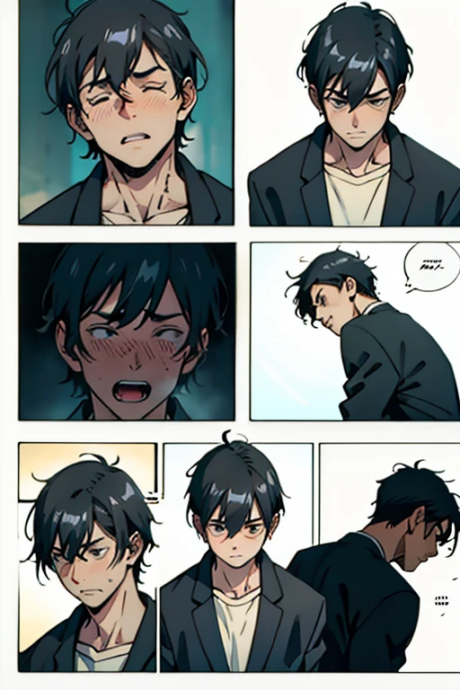  Guy with short black hair crying tears scared, manga page with panels and dialogue    