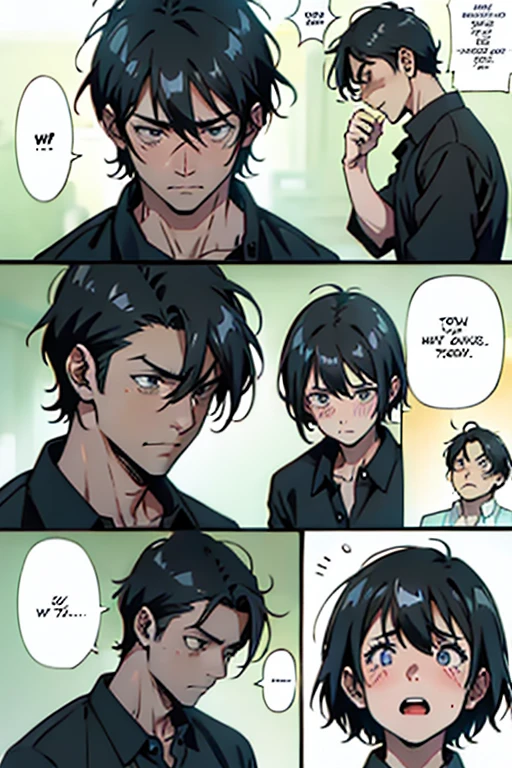 Guy with short black hair crying tears scared, manga page with panels and dialogue