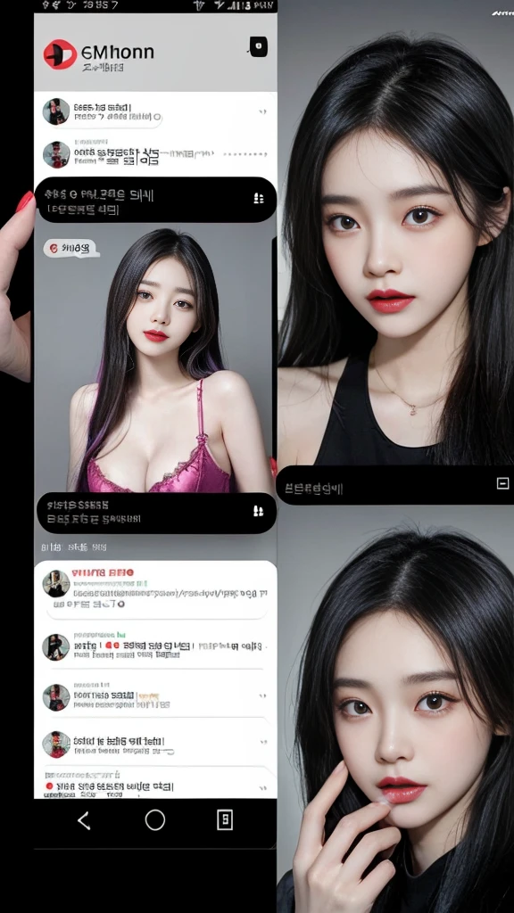 (high quality), (SFW), (vertical split screen:1.6), (various scean:1.5), (A mature prostitute girl enjoying with a smartphone chat app with a number of Korean adult guys : 1.6), (the girl has gorgeously dyed hair and pretty face makeup : 1.4), (she is wears a feminine dress and stockings and strappy high heels as she sits on her bed and chats with a number of man in online.), Her smartphone display shows a number of Korean adult man, who ask the woman to chat., Their chat language is English, the guy is waiting for her response, showed each popup window, chatting logs, Online Profiles and Photos, And the man is requesting a chat with her on the smartphone screen. He and she take turns sending messages on the chat app, her time is night,