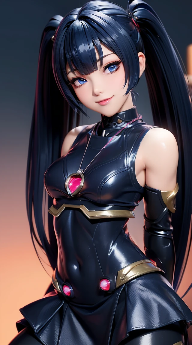 (masterpiece:1.3), (Best Quality:1.3), (Ultra-detailed:1.2), ((kawaii)), Cute, (lovely), ((sexy)), ((Extremely detailed)), 4K, (8K), Best Quality, (Beautiful), Illustration, anime style, (bold line:1.2), Gradation, looking at viewer, //, (bent down:1.1), (arms behind back), //, a cute girl, 1girl, (solo:1.2), gleaming skin, //, (flat chested), (Perfect eyes:1.2), (Perfect iris:1.2), //, darkblue hair color, (beautiful eyes) //, (half closed eyes:1.3), (sexual expression:1.2), Fascinated expression, smile, (blush:1.2), //, modern city background, on rock, twin tails, straight bangs, muscle girl, hard abs, exposed abs, NECKLACE, skirt, heavy armor suit, mecha musume, underboobs