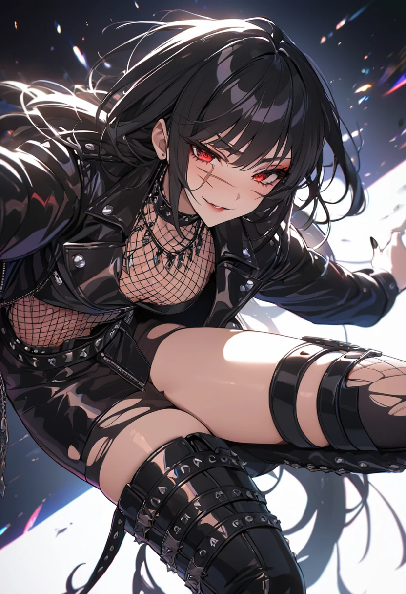 best quality, masterpiece, ultra-detailed, illustration, dynamic pose, Yoru, yorucsm, face scar, red eyes, black hair, looking at viewer, (evil smile), heavy eyeliner, wearing a leather jacket, platform boots  adorned with studded accessories, (layered necklaces), bold patterns, (torn fishnets), dramatic makeup, black nail polish, oversized rings, close-up shot, glossy lips, cinematic lighting, volumetric lighting, vibrant colors, ray tracing, intricate details in 8k or 4k resolution