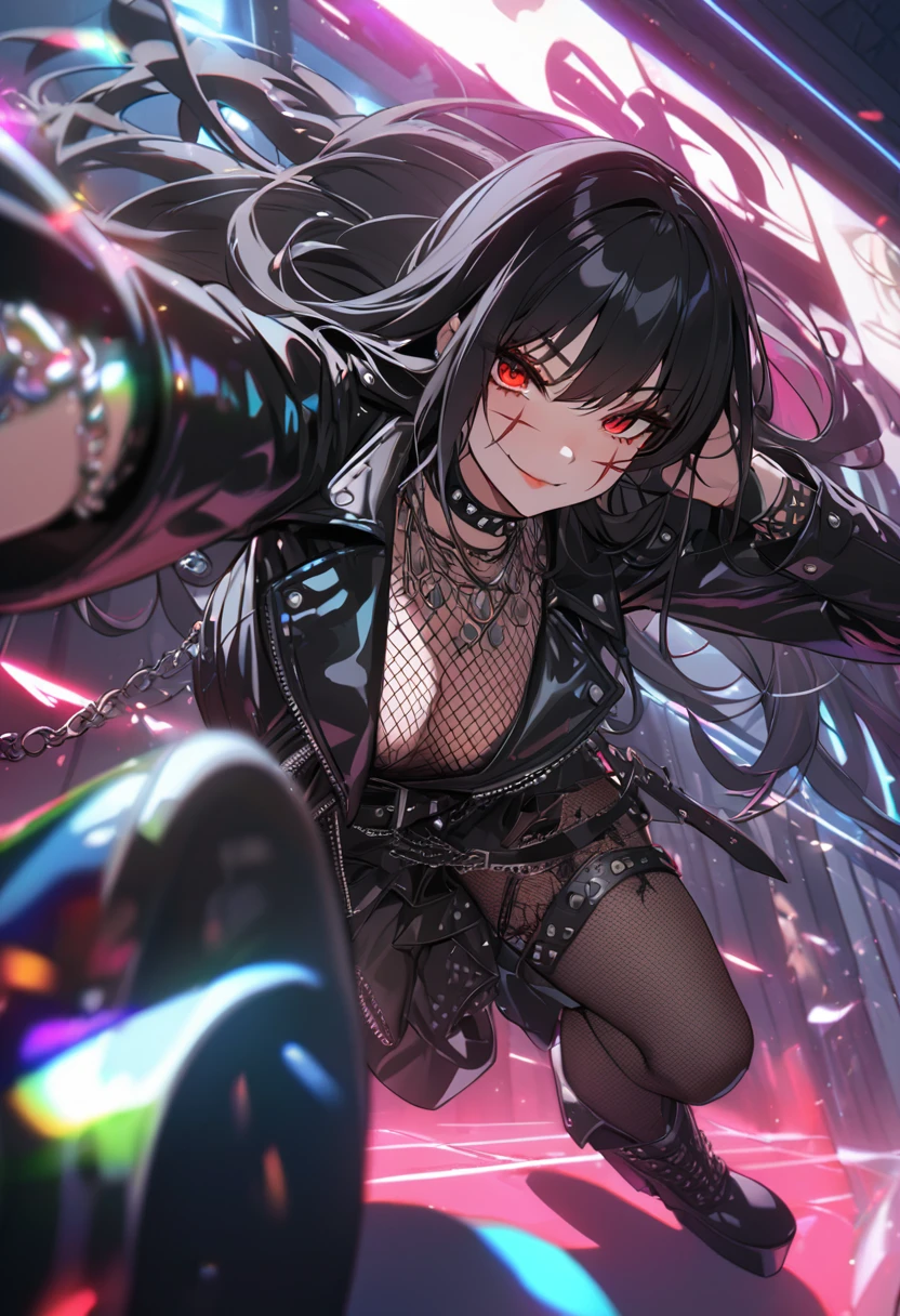 best quality, masterpiece, ultra-detailed, illustration, dynamic pose, Yoru, yorucsm, face scar, red eyes, black hair, looking at viewer, (evil smile), heavy eyeliner, wearing a leather jacket, platform boots adorned with studded accessories, (layered necklaces), bold patterns, (torn fishnets), dramatic makeup, black nail polish, oversized rings, close-up shot, glossy lips, cinematic lighting, volumetric lighting, vibrant colors, ray tracing, intricate details in 8k or 4k resolution