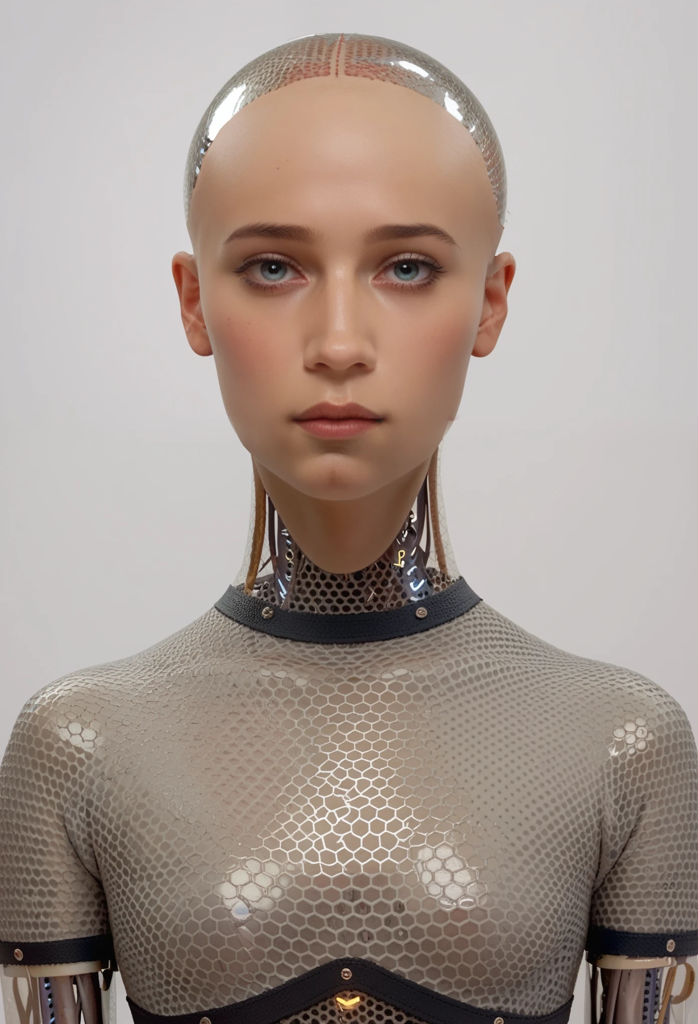 ava, portrait, android, transparent skin parts, looking at the viewer, waist, gray bodysuit, bald, perfect skin, smooth skin, round face, score_9, score_8_up, score_7_up, score_6_up, score_5_up, score_4_up
