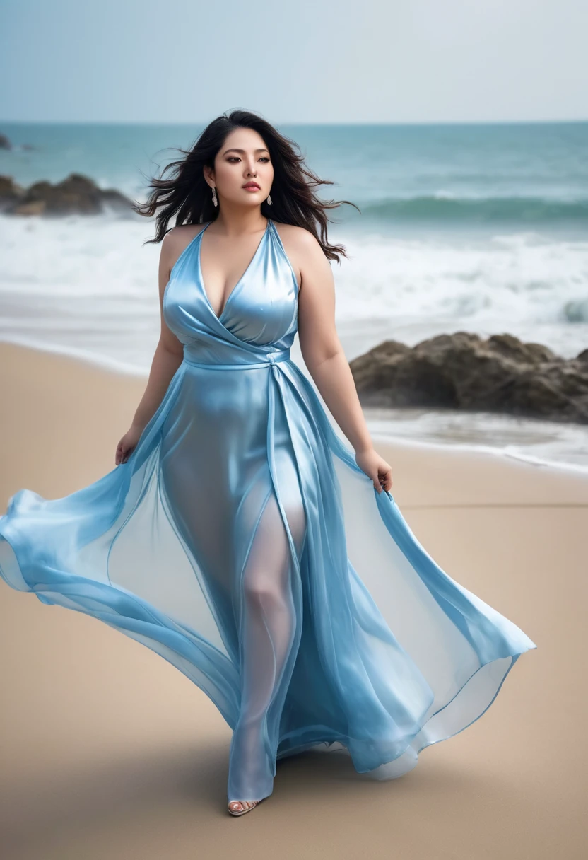 curvy thick women wearing light blue transparent satin gown in windy beach, hyper realistic, high resolution, sharp focus,