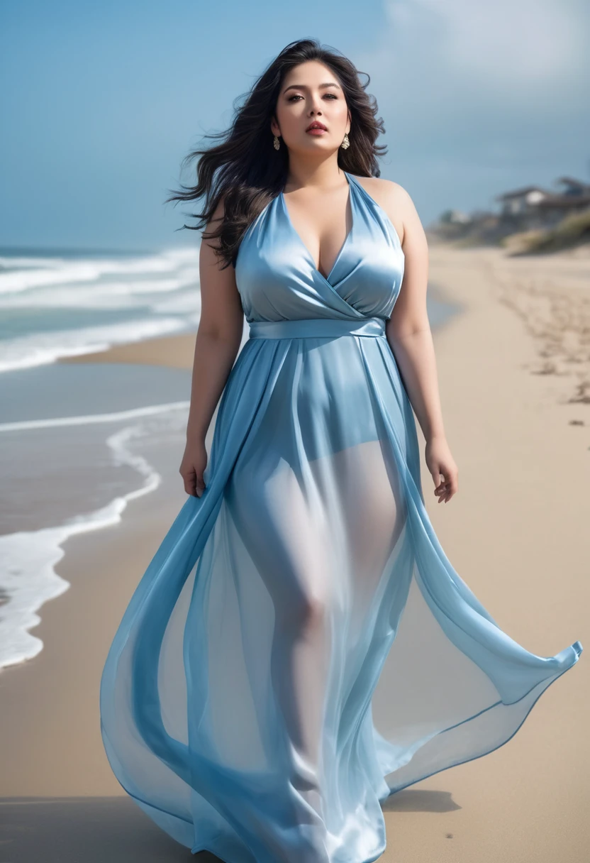 curvy thick women wearing light blue transparent satin gown in windy beach, hyper realistic, high resolution, sharp focus,