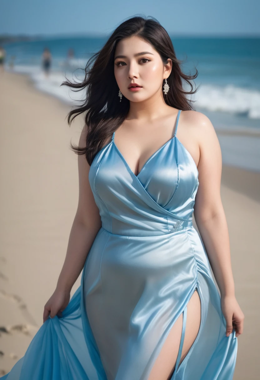 curvy thick women wearing light blue transparent satin gown in windy beach, hyper realistic, high resolution, sharp focus,