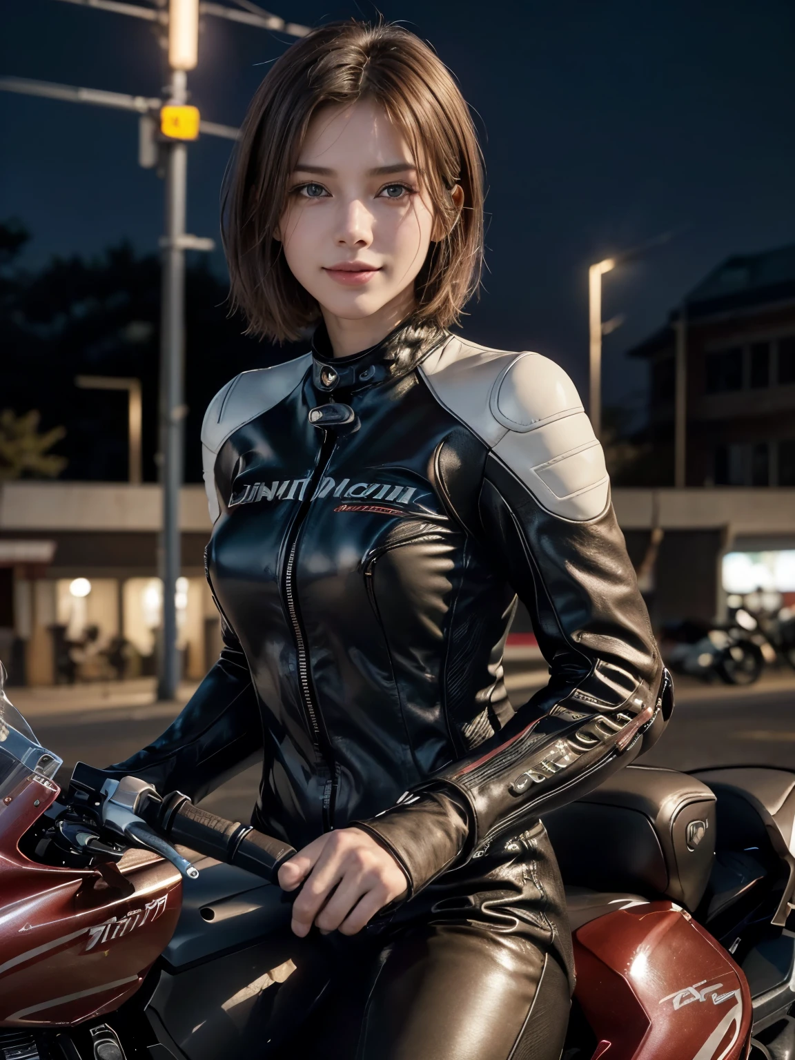 (8K, Highest quality photo quality:1.3), so beautiful, .3d, Brown Hair、Very Short Hair, blue eyes, (Abdominal muscles, Slim figure: 1.1), Sharp focus, (((Intricate details)), Beautiful and delicate lips, Beautiful and delicate nose, Beautiful and delicate face, Beautiful and delicate eyes, ((Realisticなしっとりと白い肌)), (Realistic, Realistic), Cinematic Light, Face Light, Attractive long limbs, smile, (((Detailed Motorcycle)))、(((Riding a motorcycle)))、Full Body Shot、Brown fitted long sleeve racing leather suit