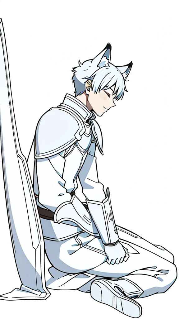(1boy,),short hair,solo,white armor ,silver hair,fox ears,(white background,line drawing),serious,closed eyes,from side, sitting,full body,