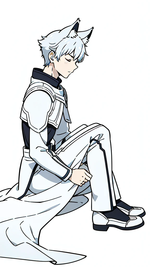 (1boy,15 years old),short hair,solo,white armor ,silver hair,fox ears,(white background,line drawing),serious,closed eyes,from side, sitting,full body,