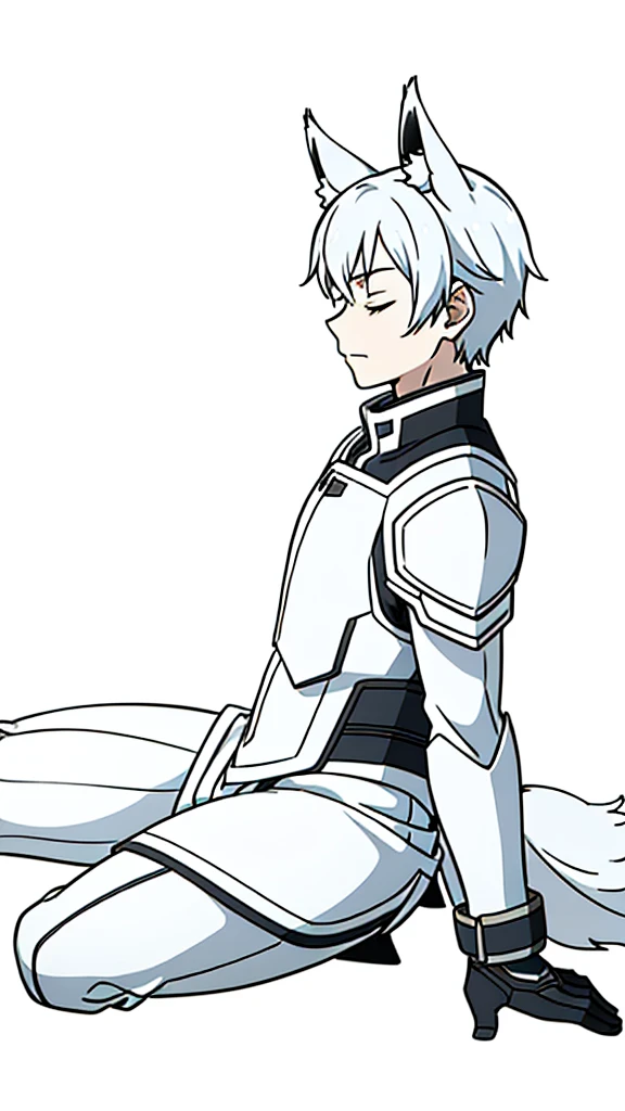 (1boy,15 years old),short hair,solo,white armor ,silver hair,fox ears,(white background,line drawing),serious,closed eyes,from side, sitting,full body, 
