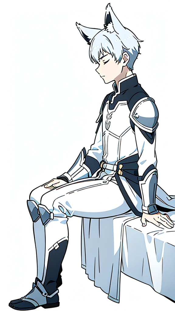 (1boy,15 years old),short hair,solo,white armor ,silver hair,fox ears,(white background,line drawing),serious,closed eyes,from side, sitting,full body, 