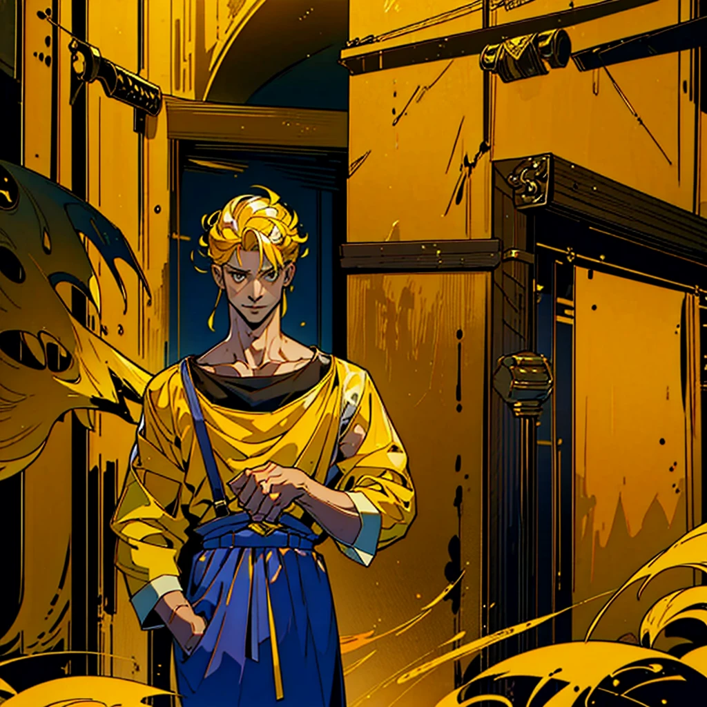 1boy, alone, 25 years old, young, yellow hair, golden eyes, insister sur les reflets des yeux dorés, cheveux blonds, mid lenght hair, boss, formal business outfit, yellow outfit, yellow clothes, black suspenders, arrogant look, hades style, hades game, Jen zee style, greek themed image, yellow themed image, yellow furniture, mustard touches of color, mustard colored walls, looking at viewer, flower of the cult vagabondart1 style, khoffi art style, khoffi style