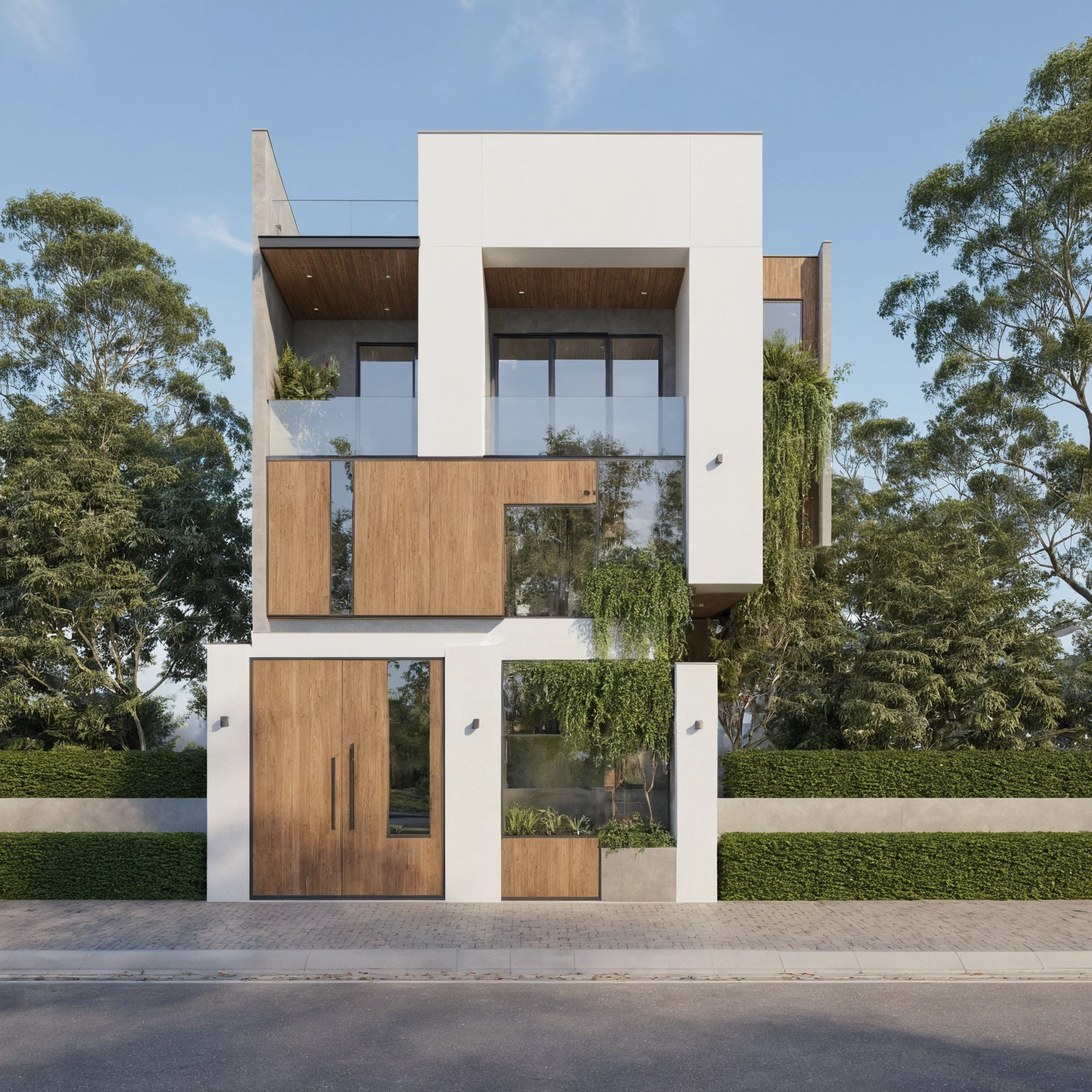 exterior house, contemporary style, white wall, wood wall, wood door, glass window, (realistic:1.2), Masterpiece, high quality, best quality, authentic, super detail, outdoors,road,pavement, grass, trees, sky, cloud, (daylight:1.1)
