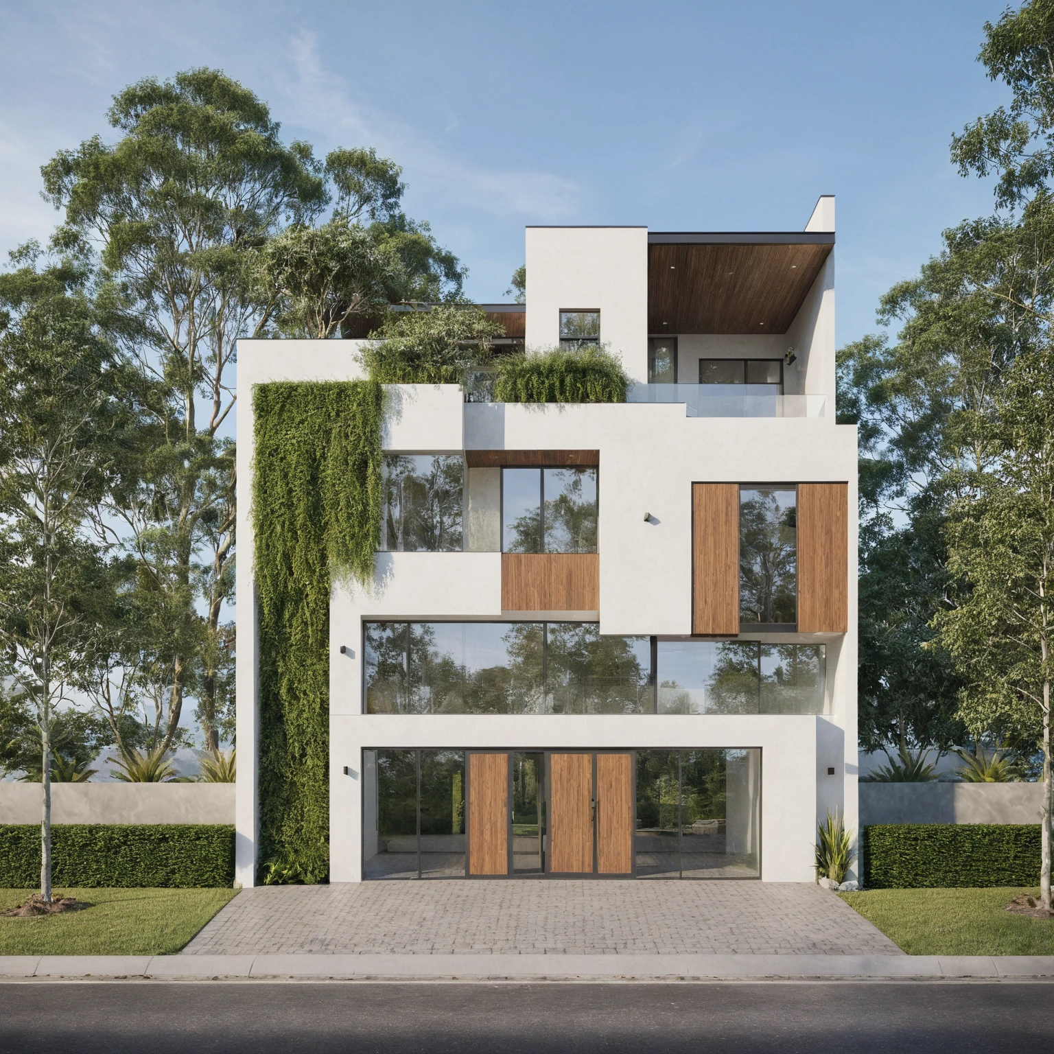 exterior house, contemporary style, white wall, wood wall, wood door, glass window, (realistic:1.2), Masterpiece, high quality, best quality, authentic, super detail, outdoors,road,pavement, grass, trees, sky, cloud, (daylight:1.1)
