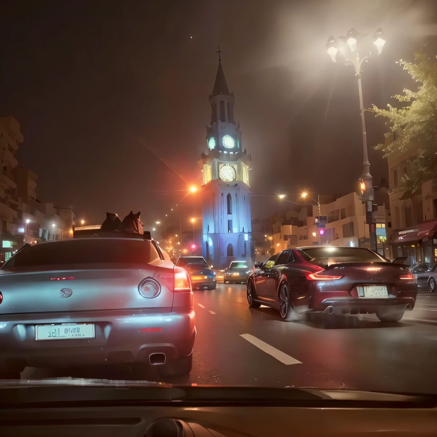 cars are driving down a busy street at night with a clock tower in the background, busy night, clock tower show time 6.15 PM , jeddah city street, busy street, busy streets, photo taken at night, traffic in background, taken on iphone 1 3 pro, in busy city, clocktower, taken on iphone 14 pro, taken in the night, night time scene, night time