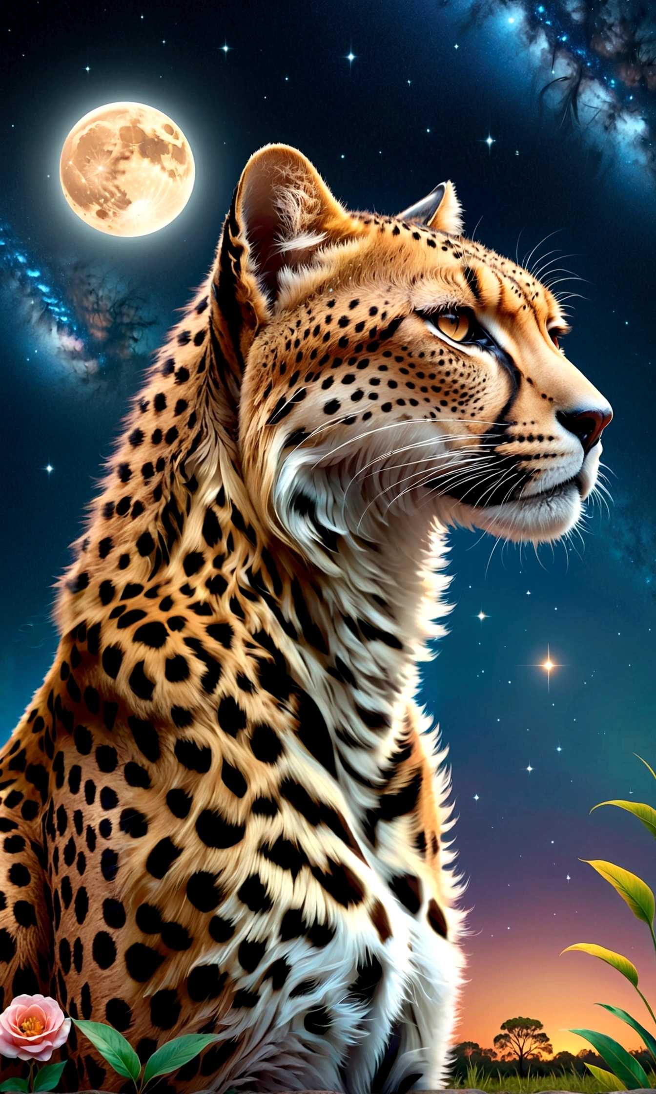 Fixes((Draw a night savannah landscape)),A cheetah looking up at the sky,This is a scene that rose from the depths of sadness and despair.,The theme is "A night of sad and beautiful memories",Match the overall atmosphere of the painting to the theme,A beautiful starry sky spreads out,stardust,Savannah nature,Sparkling,The moonlight gently illuminates the cheetah,anatomically correct,perfect anatomy,Intricate details,Wide range of colors,artwork,rendering,(masterpiece:1.3),(highest quality:1.4),(Super detailed:1.5),High resolution,Very detailed,unity 8k wallpaper,Decadent,wind,zentangle,absurdes