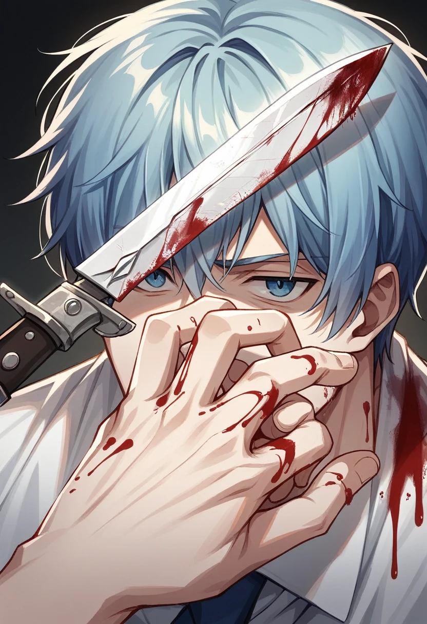 1 Domineering boy, Axisymmetric combination is correct,Solitary,Male swordsman,Hold the long knife,Each hand holds the handle,Sapphire Knife,Blood knife, The blade glows,Front view, close up, ((best quality)), ((masterpiece)), ((Practical)),Ultra HD,