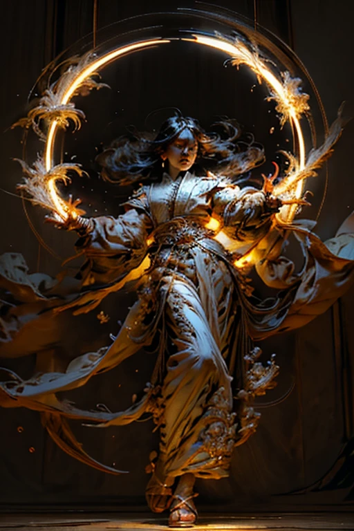 1 woman, Asia, delicate face, beautiful, Big eyes, full body, sacred, high cold, Flowing hair , facial details, Spectacular armor, Spectacular accessories, white skin, black hair, sacred, Masterpiece, Fantasy, แสงsacred, Gather power in your hands, 27 small suns, Reality and dreams come together, 8K, maximum, best quality, Masterpiece, close up, from the front, Facing the audience, full body, alone