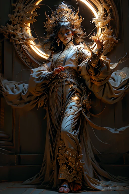 1 woman, Asia, delicate face, beautiful, Big eyes, full body, sacred, high cold, Flowing hair , facial details, Spectacular armor, Spectacular accessories, white skin, black hair, sacred, Masterpiece, Fantasy, แสงsacred, Gather power in your hands, 27 small suns, Reality and dreams come together, 8K, maximum, best quality, Masterpiece, close up, from the front, Facing the audience, full body, alone
