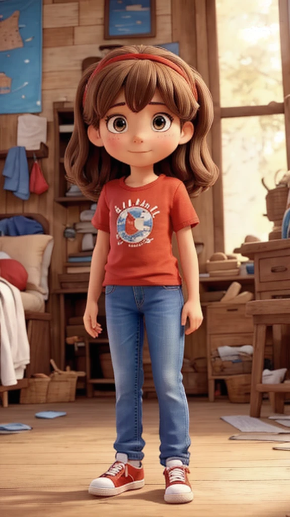 Clara is a girl, has brown hair, mid back, Brown eyes. Wear blue jeans, red sneakers and red t-shirt. Clara finds herself in her grandmother's beautiful garden with bright flowers., a magic golden key.