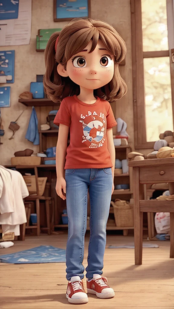 Clara is a seven year old girl, has brown hair, mid back, Brown eyes. Wear blue jeans, red sneakers and red t-shirt.  Clara finds herself in her grandmother's beautiful garden with bright flowers., a magic golden key.