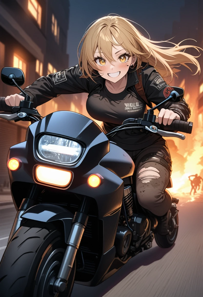 Golden hair, golden eyes with black pupils, woman, cruiser motorcycle, big chest, motorcycle goggles, happy, big smile, dirty, burning city at night, zombie apocalypse, tattered black streetwear, speeding, highly detailed, perfect eyes, well defined eyes, highly detailed eyes, expressive eyes, best quality