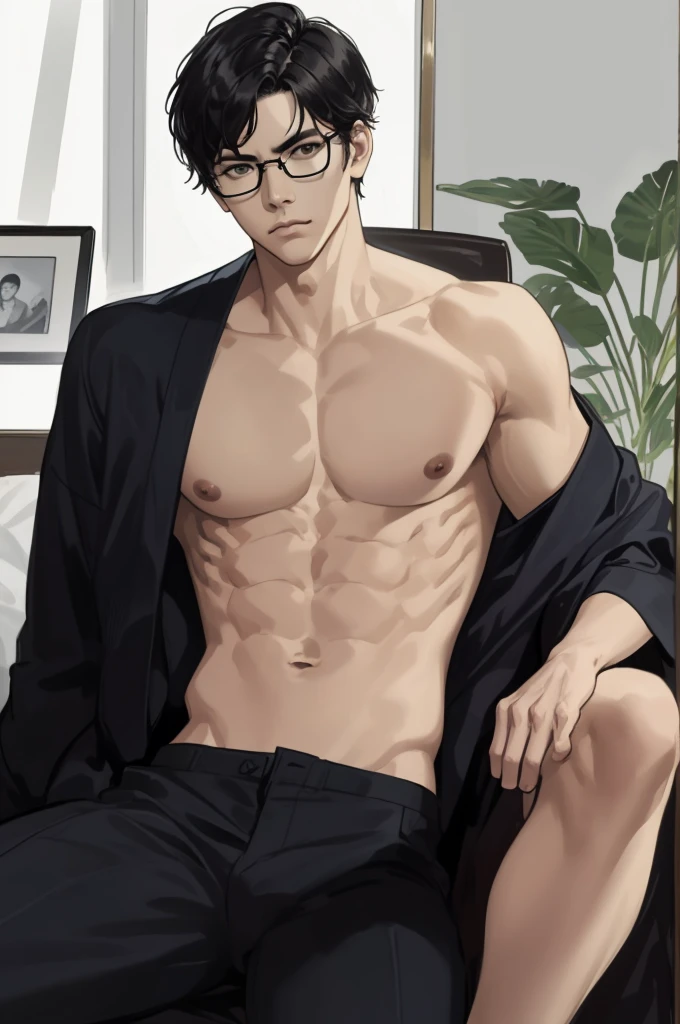 masterpiece, best quality, realistic, 1man, male focus, tall muscular, handsome, [thin eyebrows:0.5], serious, shirtless, portrait, extremely detailed face, black hair, (short hair), shirtless, six packs, full body, Japanese, round glasses, relax