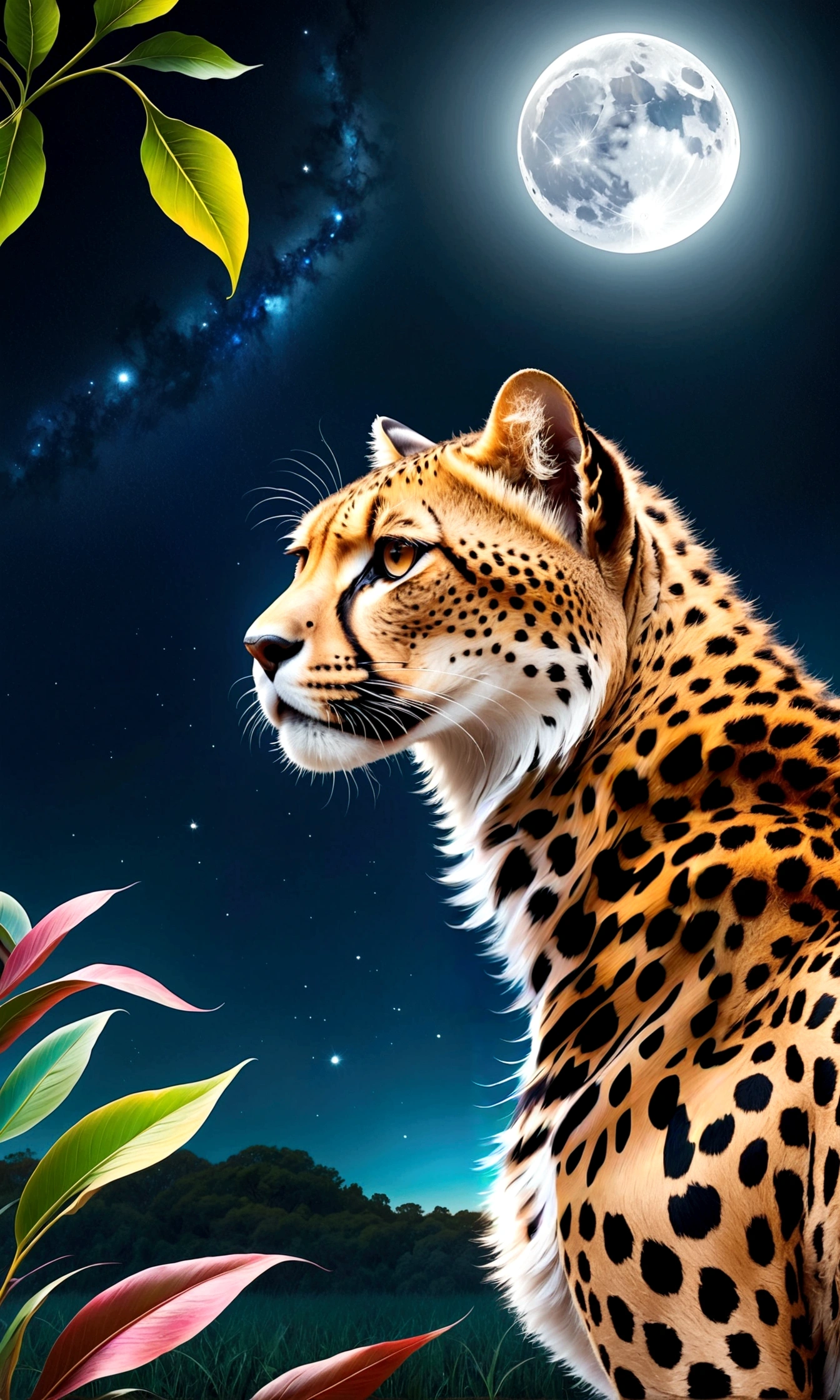 Fixes,毛皮のFixes,((Drawing a savannah landscape under the moon)),A cheetah looking up at the sky,This is a scene that rose from the depths of sadness and despair.,The theme is "A night of sad and beautiful memories",Match the overall atmosphere of the painting to the theme,starry skies,stardust,savannah night,Sparkling,anatomically correct,perfect anatomy,Intricate details,Wide range of colors,artwork,rendering,(masterpiece:1.3),(highest quality:1.4),(Super detailed:1.5),High resolution,Very detailed,unity 8k wallpaper,Decadent,wind