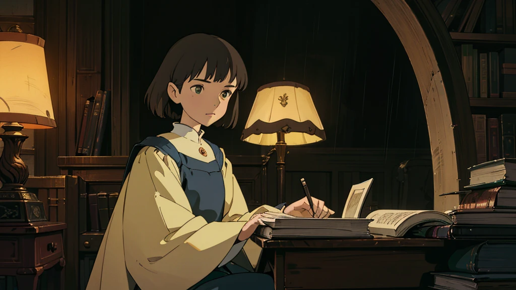 A girl, ensconced in a cozy corner on a rainy evening, sits surrounded by a jumble of books with an intensely profound study attitude. The soft yellow glow of the desk lamp illuminates her thoughtful expression, revealing her deep concentration and composed posture. Her inquisitive eyes dart back and forth between the pages, her nimble fingers turning them with subtle tilt, as she absorbs the old world wisdom contained within. The timeworn margins and sultry aura of the books add to the quiet night ambiance, creating a peaceful and tranquil countenance. This scholarly young woman, clad in plain attire, appears to be a seeker of knowledge and intellect