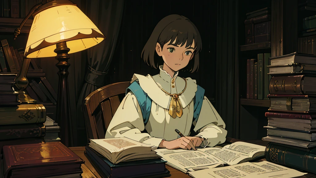 A girl, ensconced in a cozy corner on a rainy evening, sits surrounded by a jumble of books with an intensely profound study attitude. The soft yellow glow of the desk lamp illuminates her thoughtful expression, revealing her deep concentration and composed posture. Her inquisitive eyes dart back and forth between the pages, her nimble fingers turning them with subtle tilt, as she absorbs the old world wisdom contained within. The timeworn margins and sultry aura of the books add to the quiet night ambiance, creating a peaceful and tranquil countenance. This scholarly young woman, clad in plain attire, appears to be a seeker of knowledge and intellect